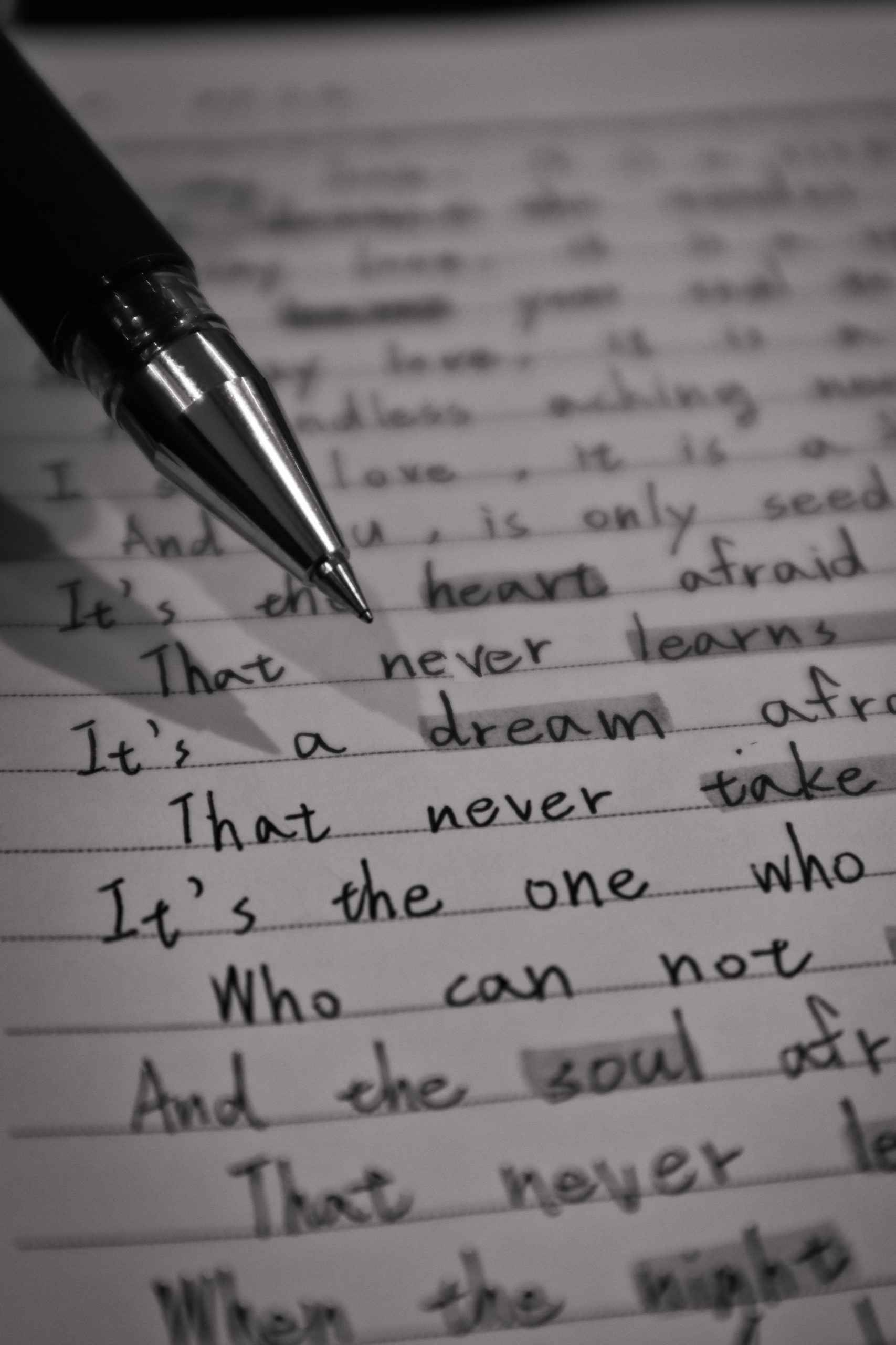 Words on a page with hovering pen