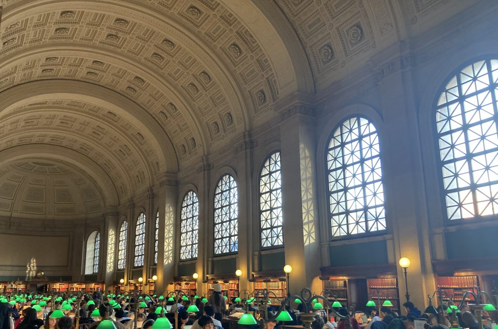 Photo showing the ornate ceiling of the interior of Boston public libary